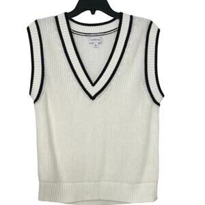 Evereve White Black Cotton Knit Sweater Vest Large Varsity Preppy Academia
